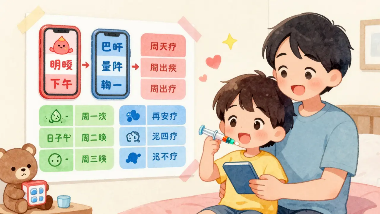 Child takes medicine with a syringe while parent sets color-coded alarms on a wall chart.