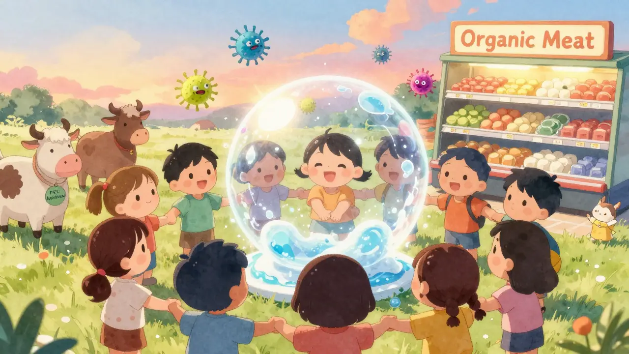 Children washing hands together as resistant bacteria float away in a kawaii world.