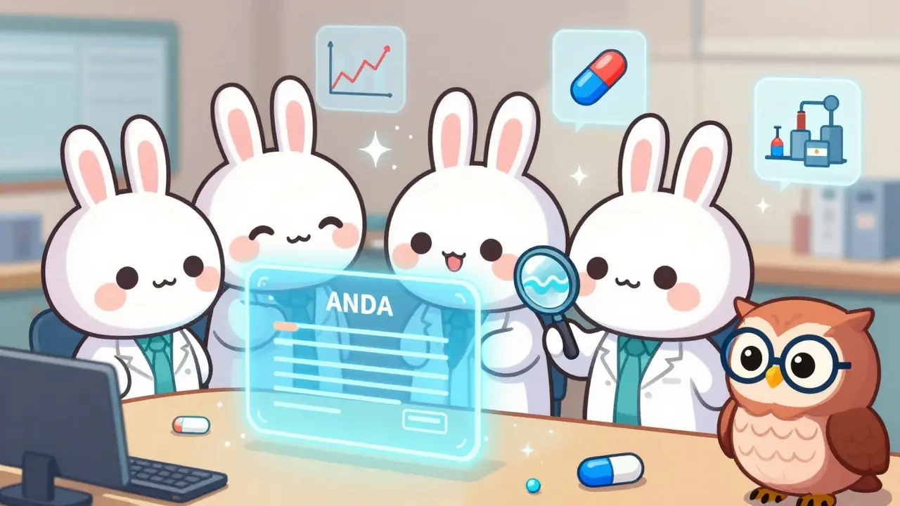 Cute scientists review a glowing ANDA application with bioequivalence graphs and an approving FDA owl.