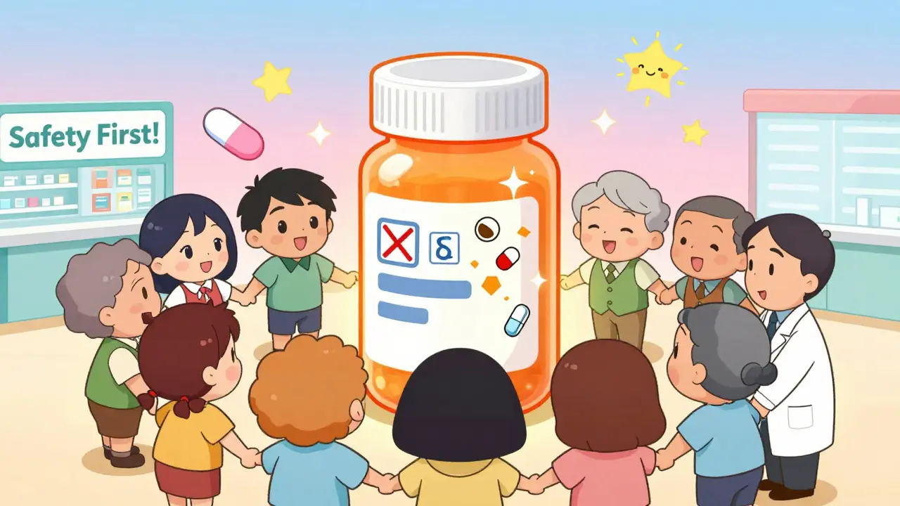 Diverse characters holding hands around a transforming prescription bottle shield, shattering error icons into sparkles.