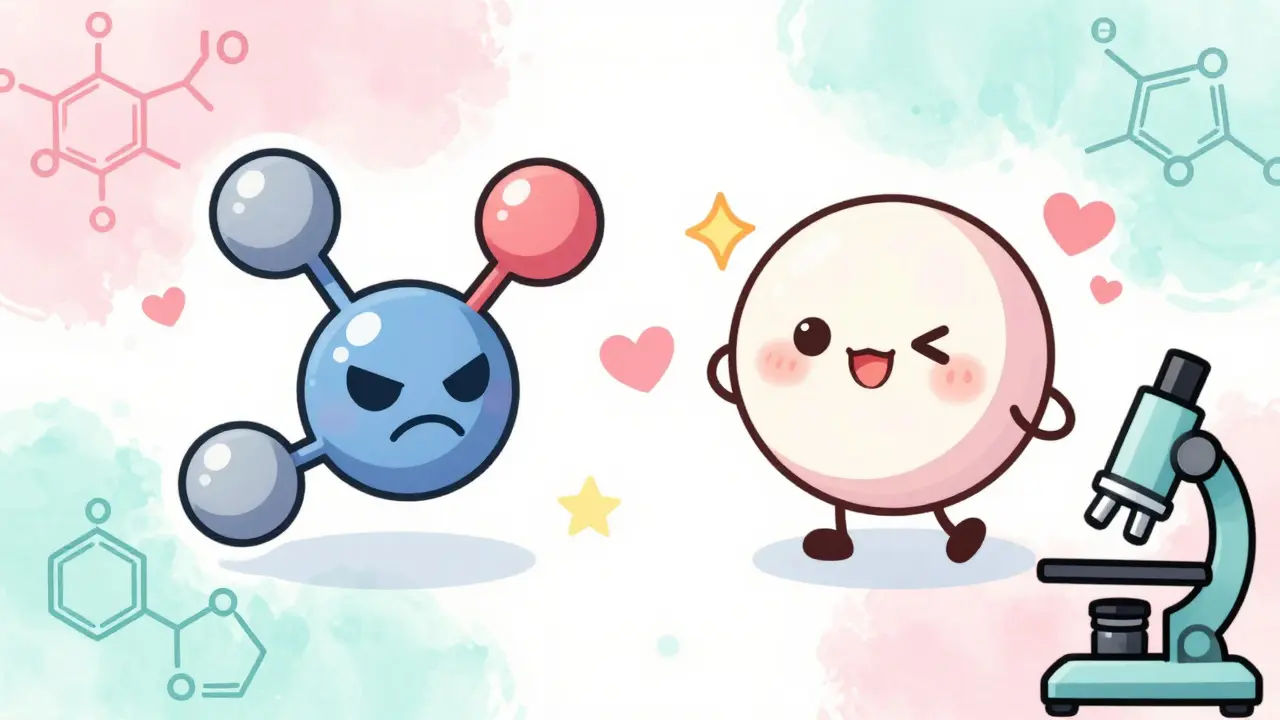 Friendly molecular characters: one scary, one happy, with chemical structures and sparkles.