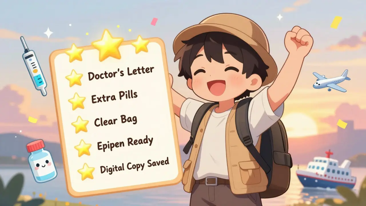Happy traveler beside a glowing checklist with five stars, surrounded by medical and travel icons.