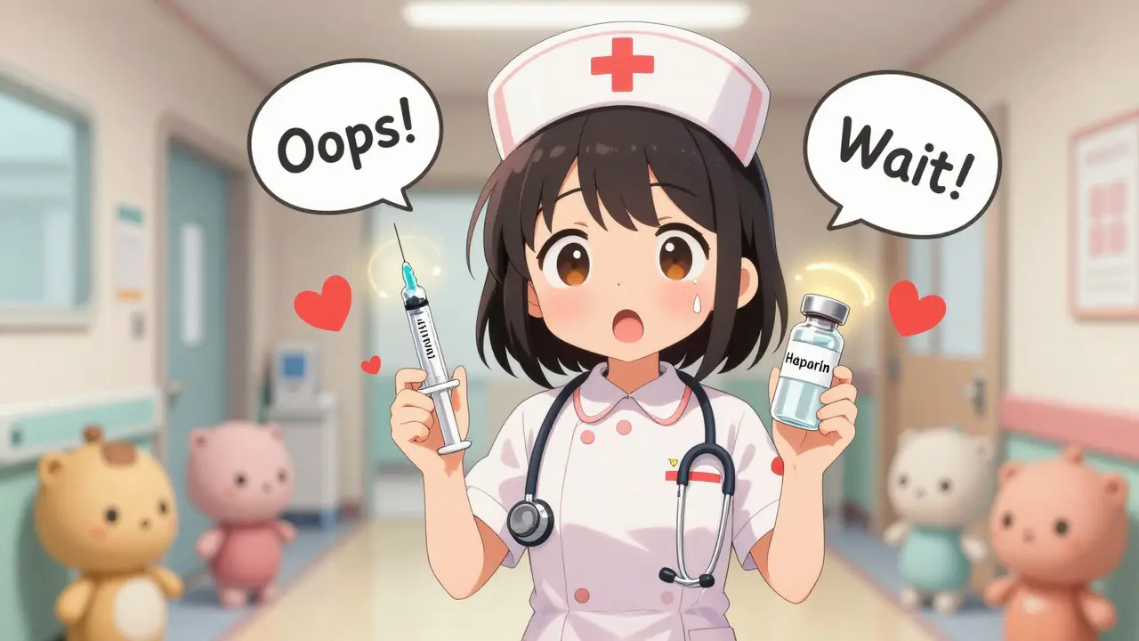 Nurse holding insulin and heparin syringes with alarmed expression and floating warning hearts.