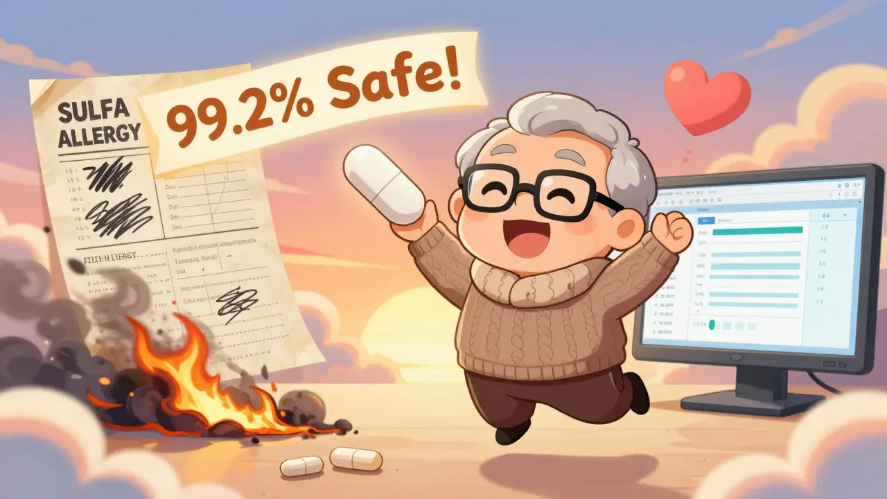 Old man happily switching pills, outdated allergy labels burning away in background.