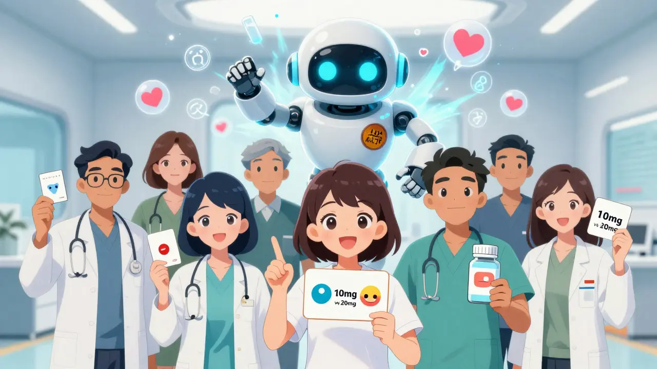 Patients with colorful medication cards and a friendly AI robot hovering above in a bright clinic.