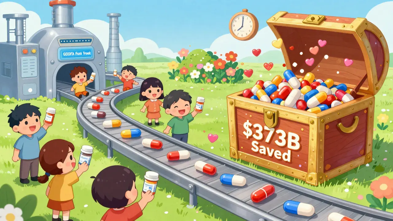 Pills travel on a magical conveyor to a treasure chest labeled '3B Saved' as patients celebrate.