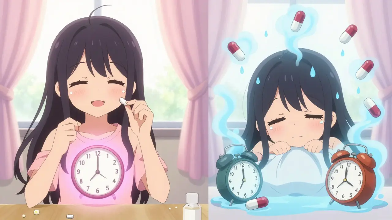 Side-by-side: one character refreshed after taking melatonin, another groggy with leaking capsules.