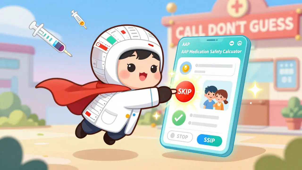 Superhero pharmacist guides parents through a safety app to avoid overdose with glowing 'SKIP' button.