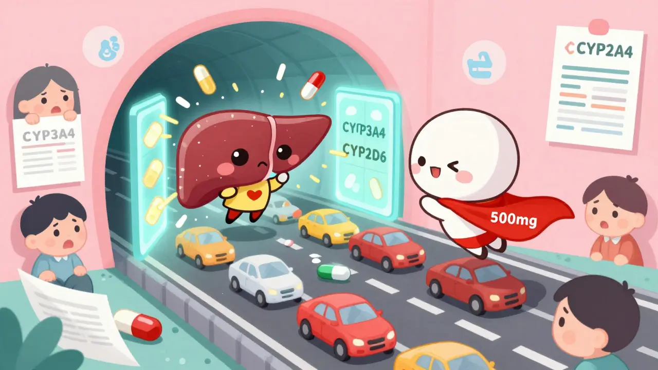 Tiny quercetin superhero smashing liver enzymes while drug molecules get stuck in traffic.