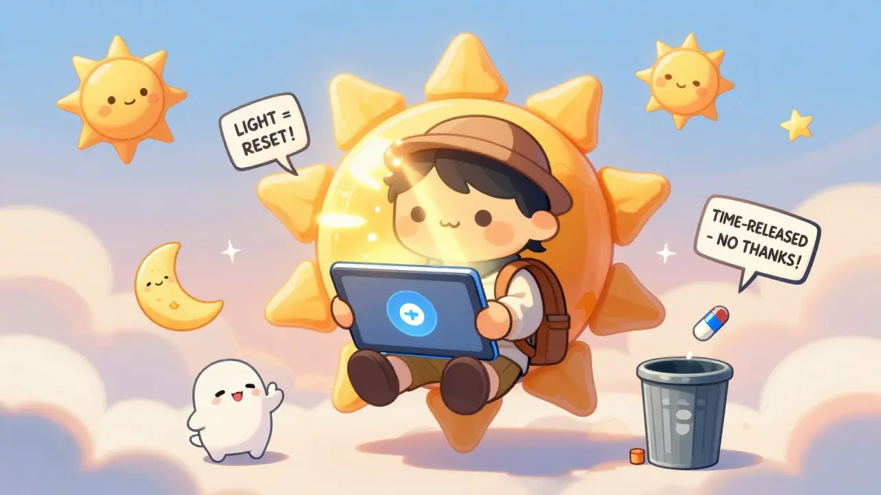 Traveler receiving morning light with a sun-shaped app, melatonin pill flying to trash.