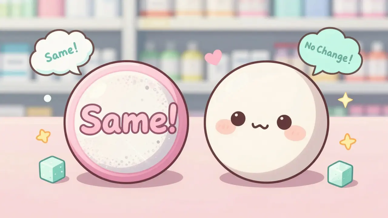 Two identical pills side by side, one branded and one plain, with floating ingredient labels saying 'Same!' in cute anime style.