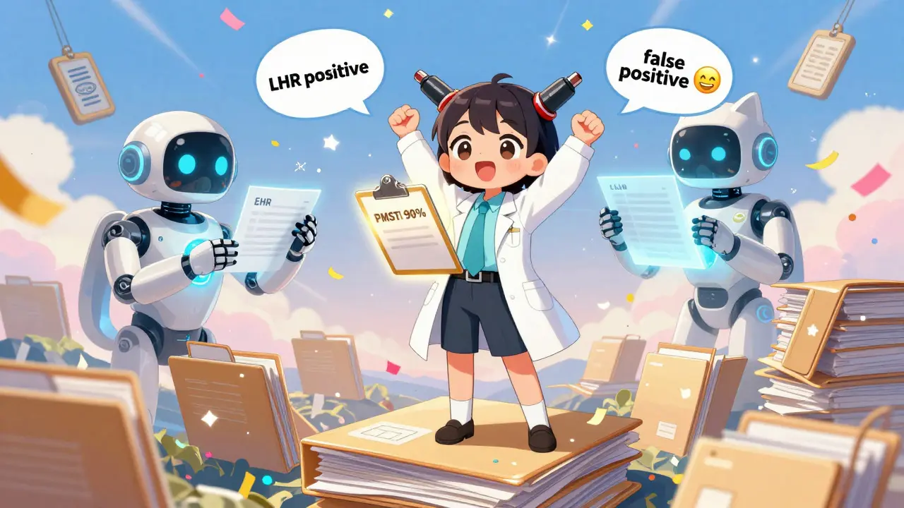 A determined specialist celebrates as overdue study folders turn to confetti, with a friendly AI robot nearby in kawaii art style.