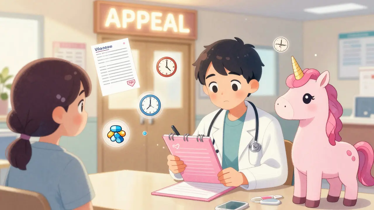 A doctor writes an appeal letter as a unicorn offers support in a clinic.