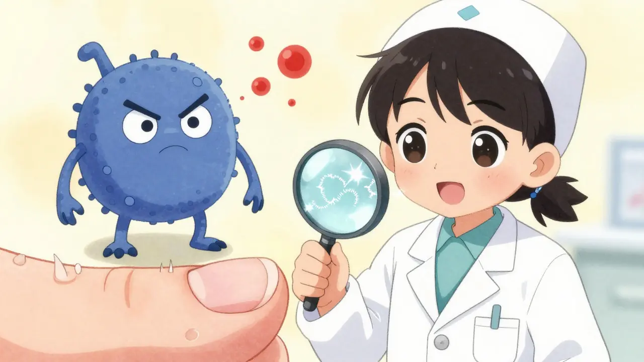 A friendly dermatologist examining a nail with a magnifying glass, showing fungal threads and an immune monster.