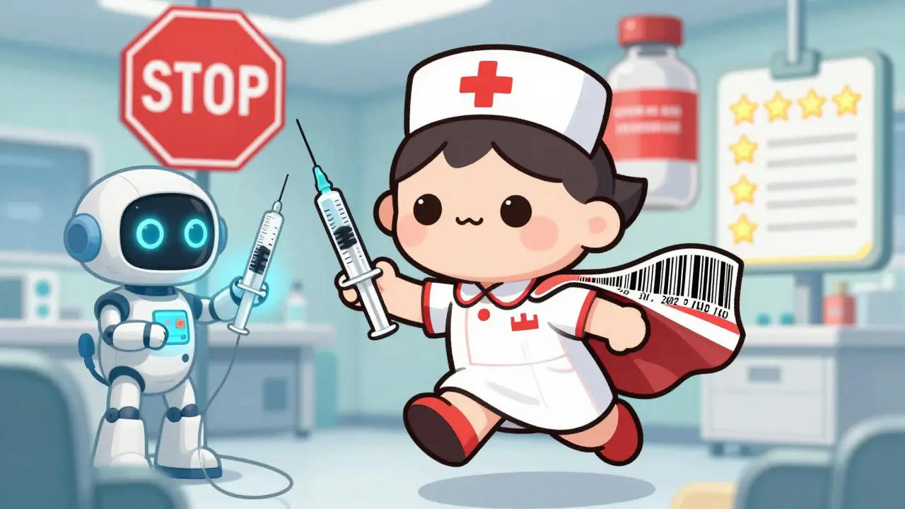 A heroic nurse in an ER with AI assistance, stopping a dangerous medication error with glowing safety checks.