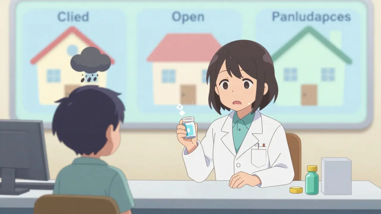 A pharmacist swaps a pill while the patient's shadow shows concern.