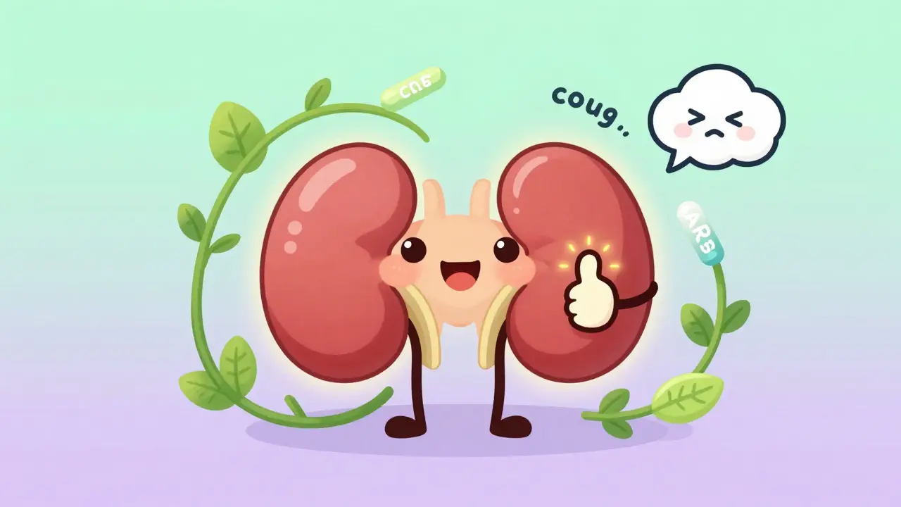 A smiling kidney protected by friendly vines representing ACE inhibitors and ARBs, with a tiny cough cloud drifting away.