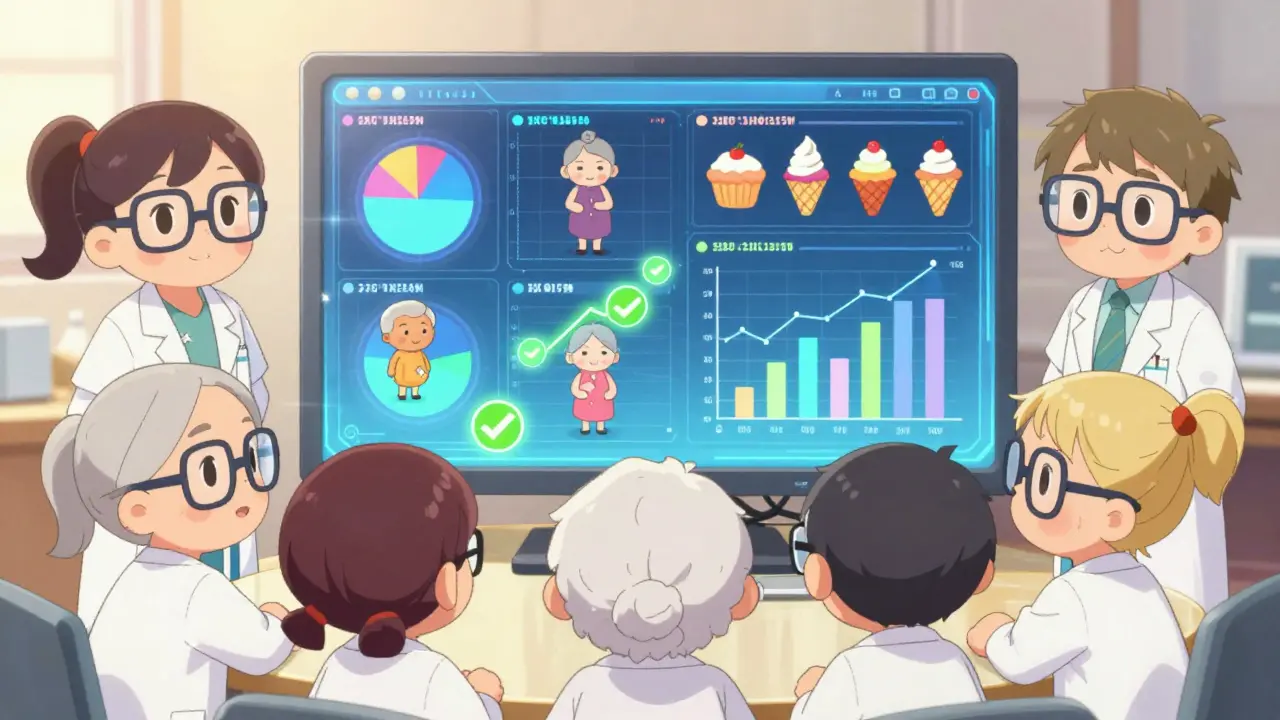 Anime-style scientists analyzing colorful, food-shaped data dashboards with patient avatars in a warm-lit room.
