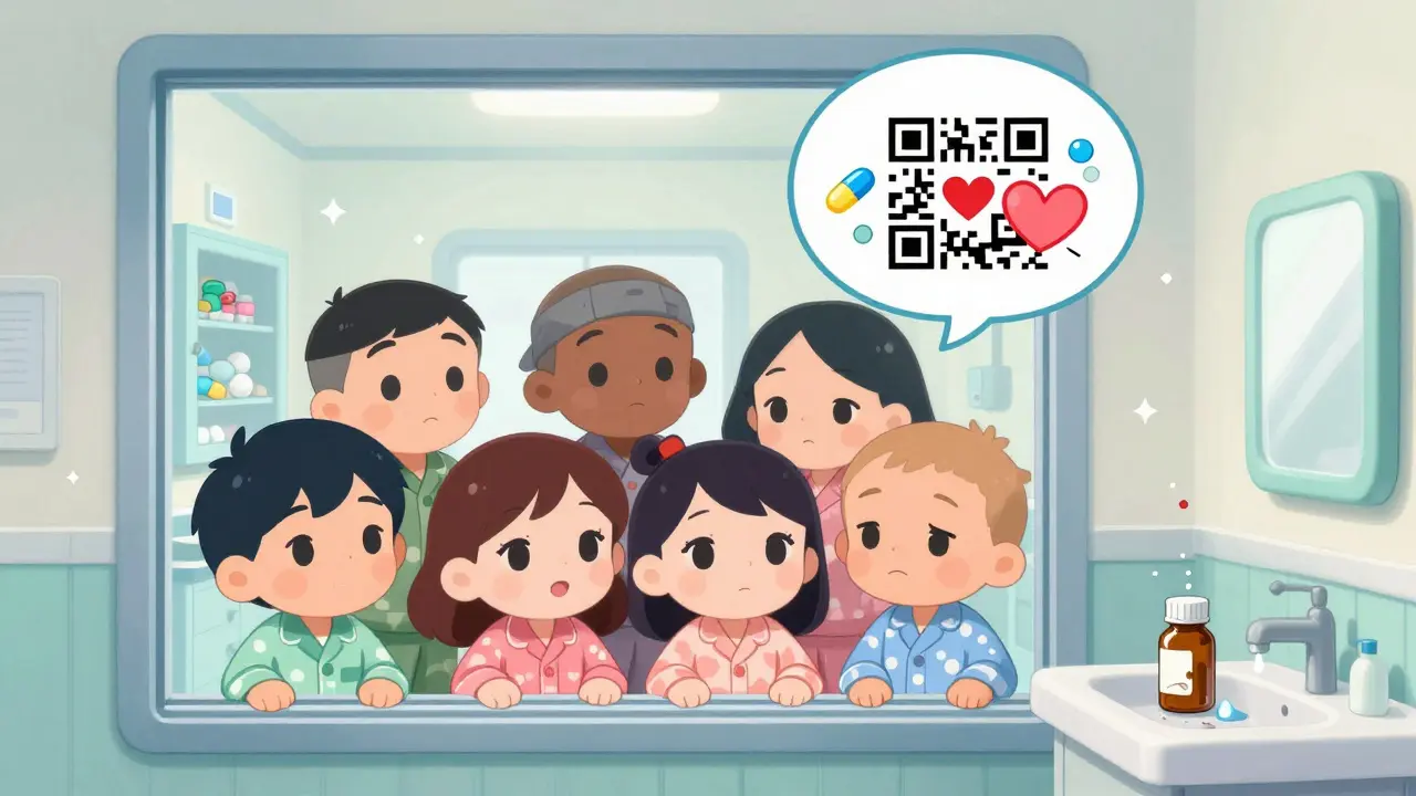 Children peeking at a glowing medicine cabinet while a frowning expired bottle sits on a messy counter.