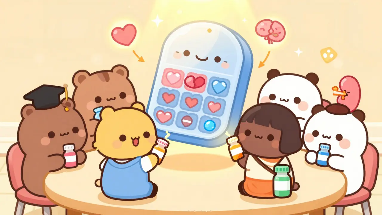 Diverse people at a table with pill bottles, connected by a smiling pill organizer glowing with heart-shaped compartments.