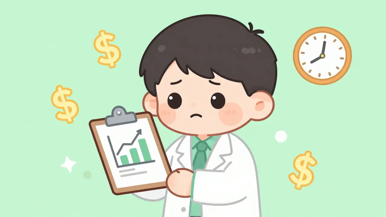 Scientist adjusting study size with cost concerns in kawaii style