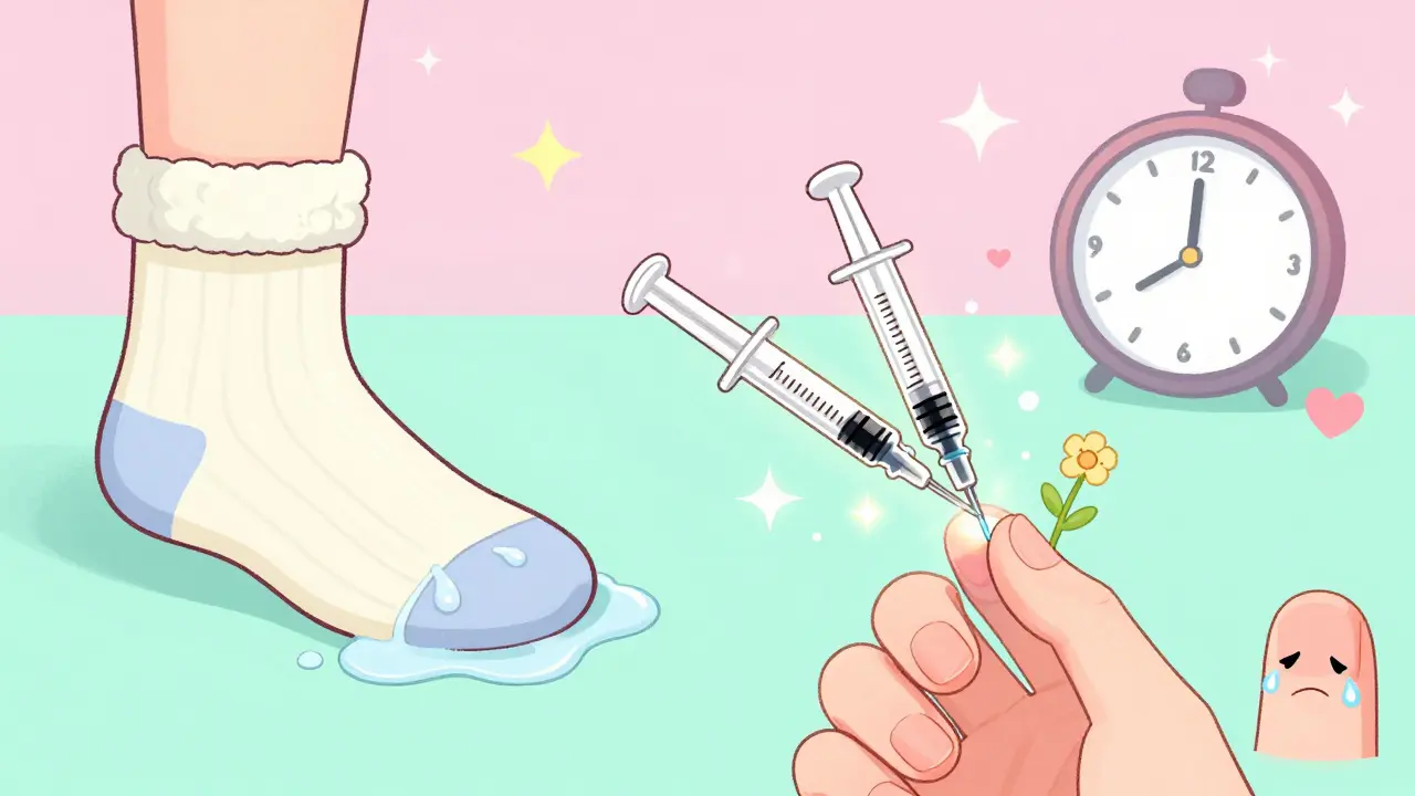 Split-screen: melting antifungal bottles on one side, glowing injections healing nails with flowers on the other.