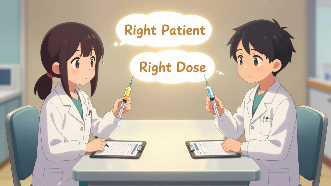 Two clinicians independently checking a high-alert medication without speaking, surrounded by safety icons.