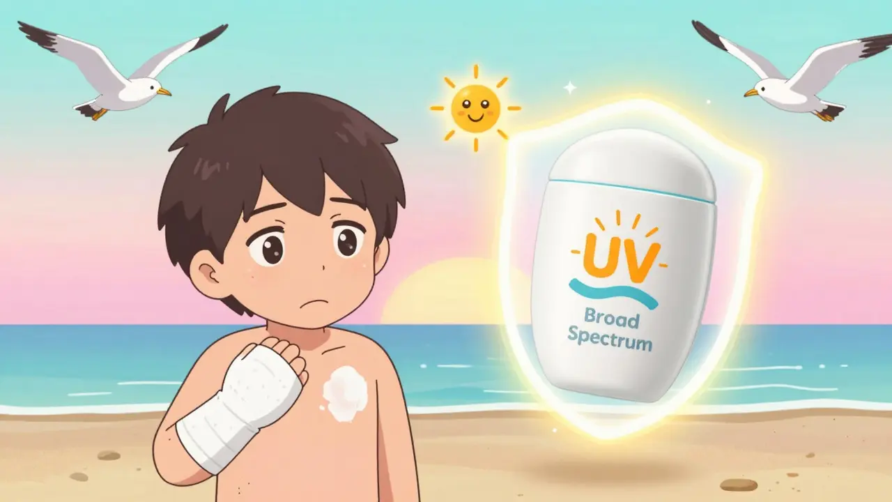 Two people at the beach: one with patchy mineral sunscreen, the other protected by smooth chemical sunscreen in kawaii style.