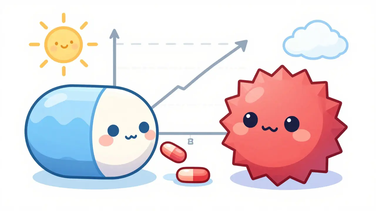 Two pill characters comparing slow vs fast drug release in kawaii style