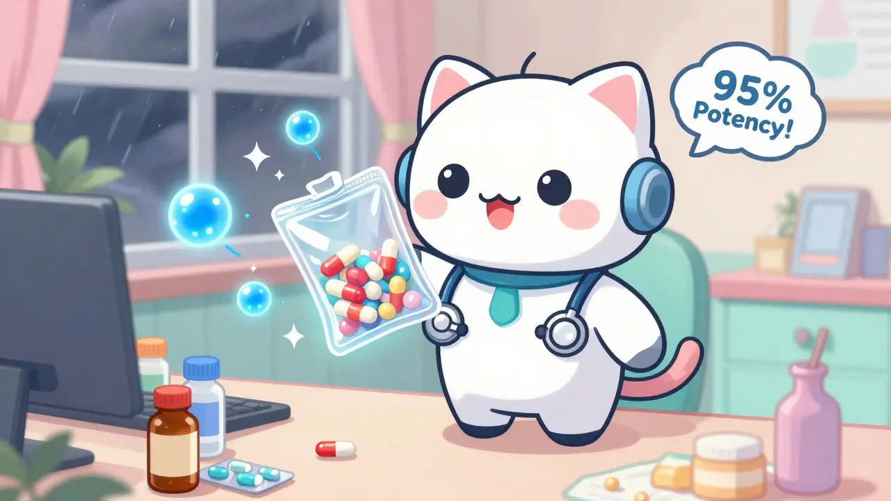 A cute robot vacuum-sealing pills as glowing oxygen molecules disappear, symbolizing preserved potency.