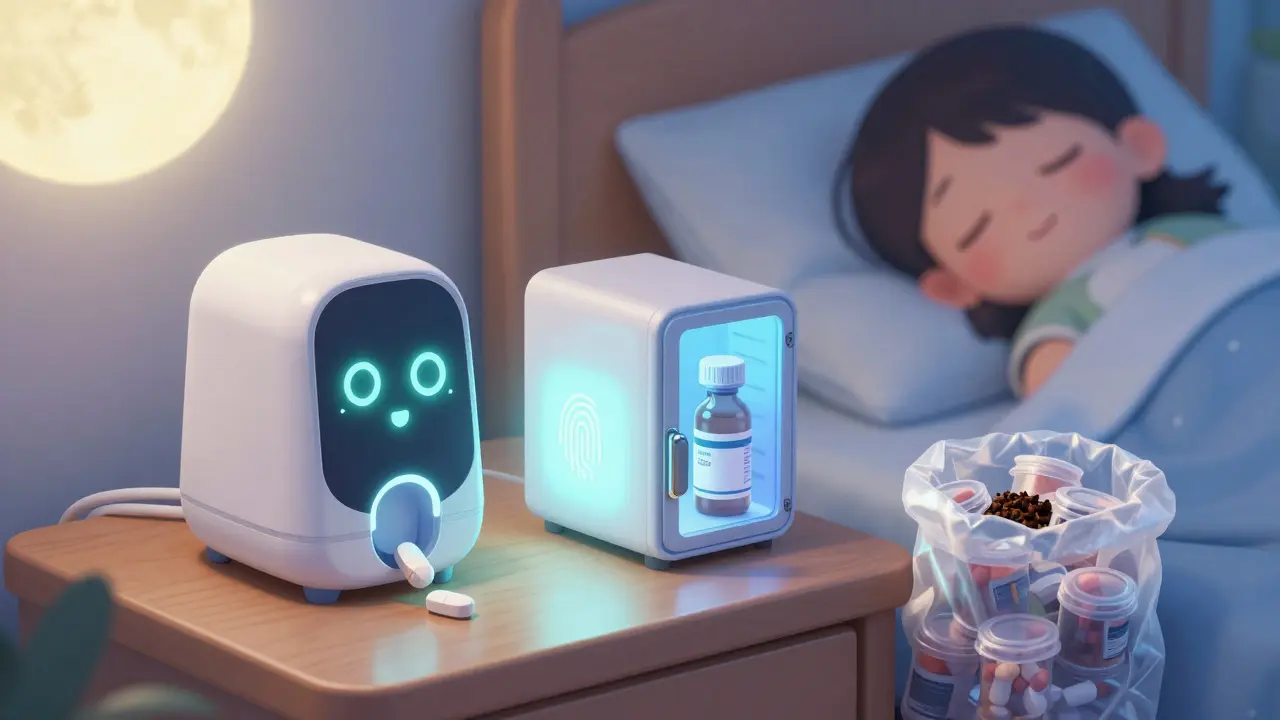 A cute smart medicine dispenser glowing on a nightstand, next to a locked insulin fridge and sealed disposal bag, under gentle moonlight.