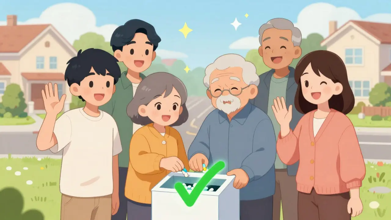 A family safely disposing of opioids at a pharmacy take-back kiosk in a friendly neighborhood.