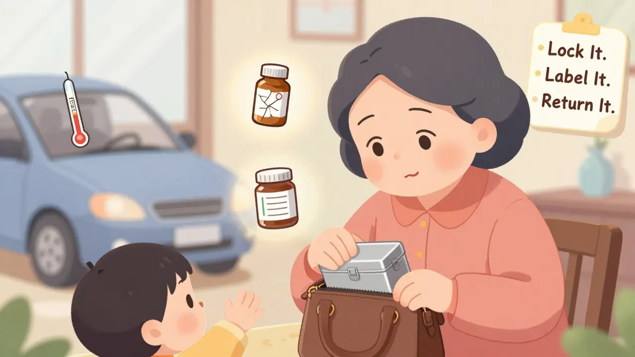 A grandmother placing her medications into a small locked box before visiting, with dangerous storage scenarios floating around her in soft pastel tones.