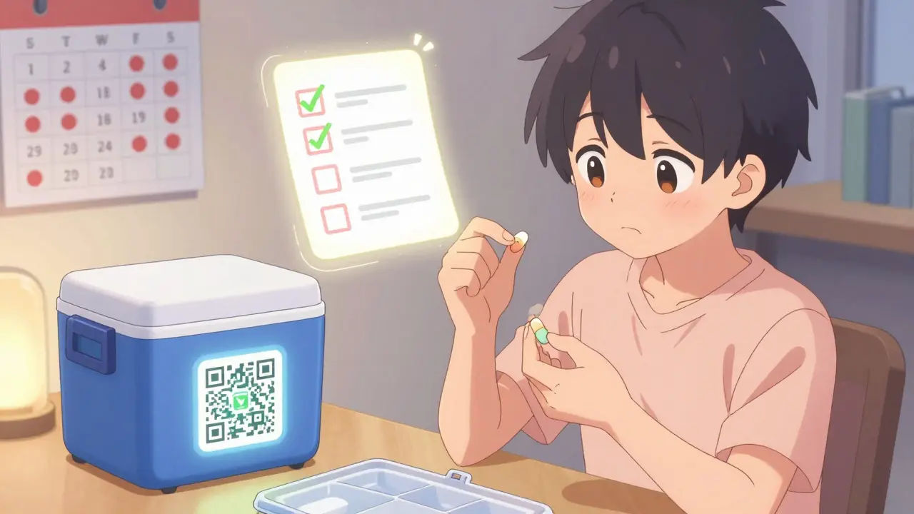 A teen replacing expired pills in an emergency kit with a glowing checklist and cooler nearby.