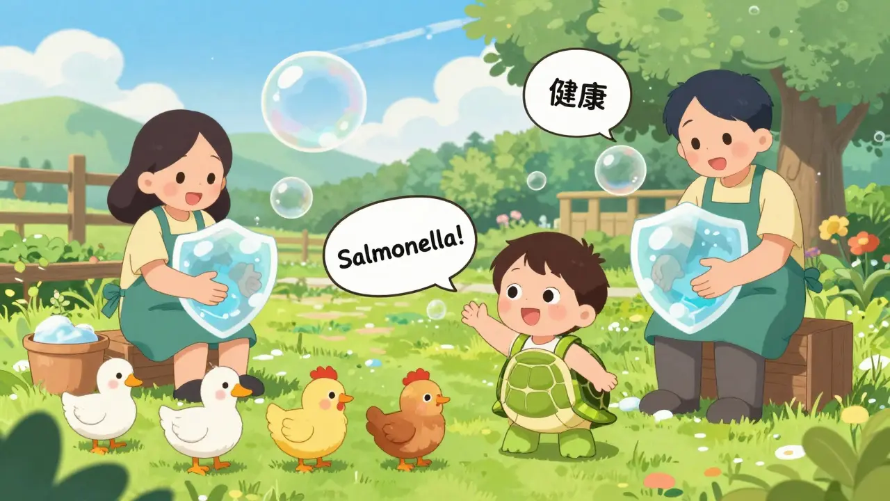 A toddler reaching for a cartoon turtle as family washes hands in a sunny backyard.