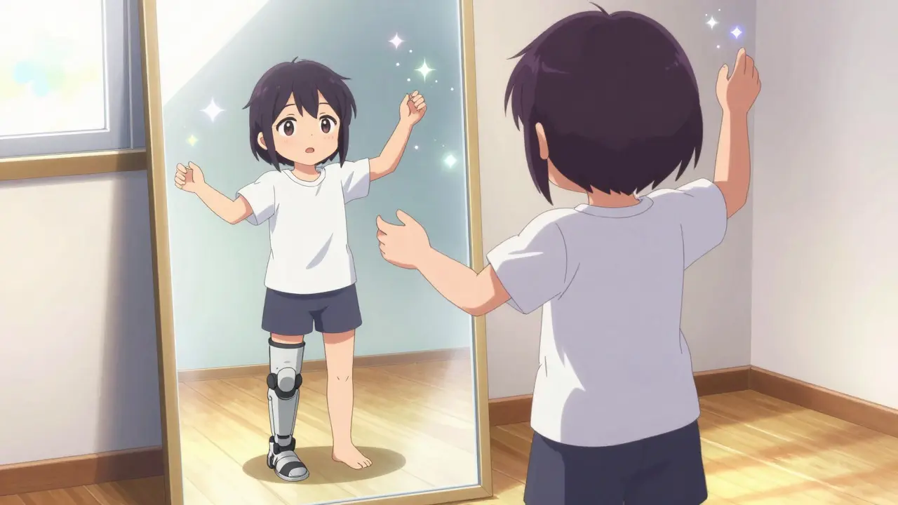 Anime user practicing mirror therapy seeing whole arm in reflection