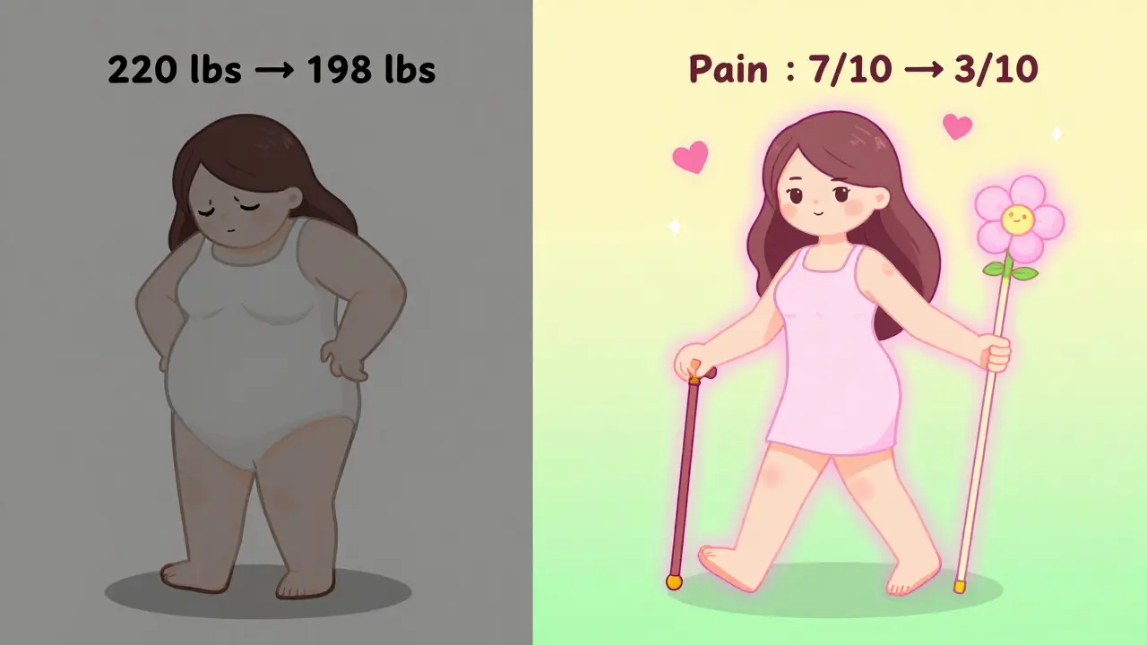 Before-and-after illustration of a woman with hip osteoarthritis, showing pain reduction and improved movement after losing 7% body weight.