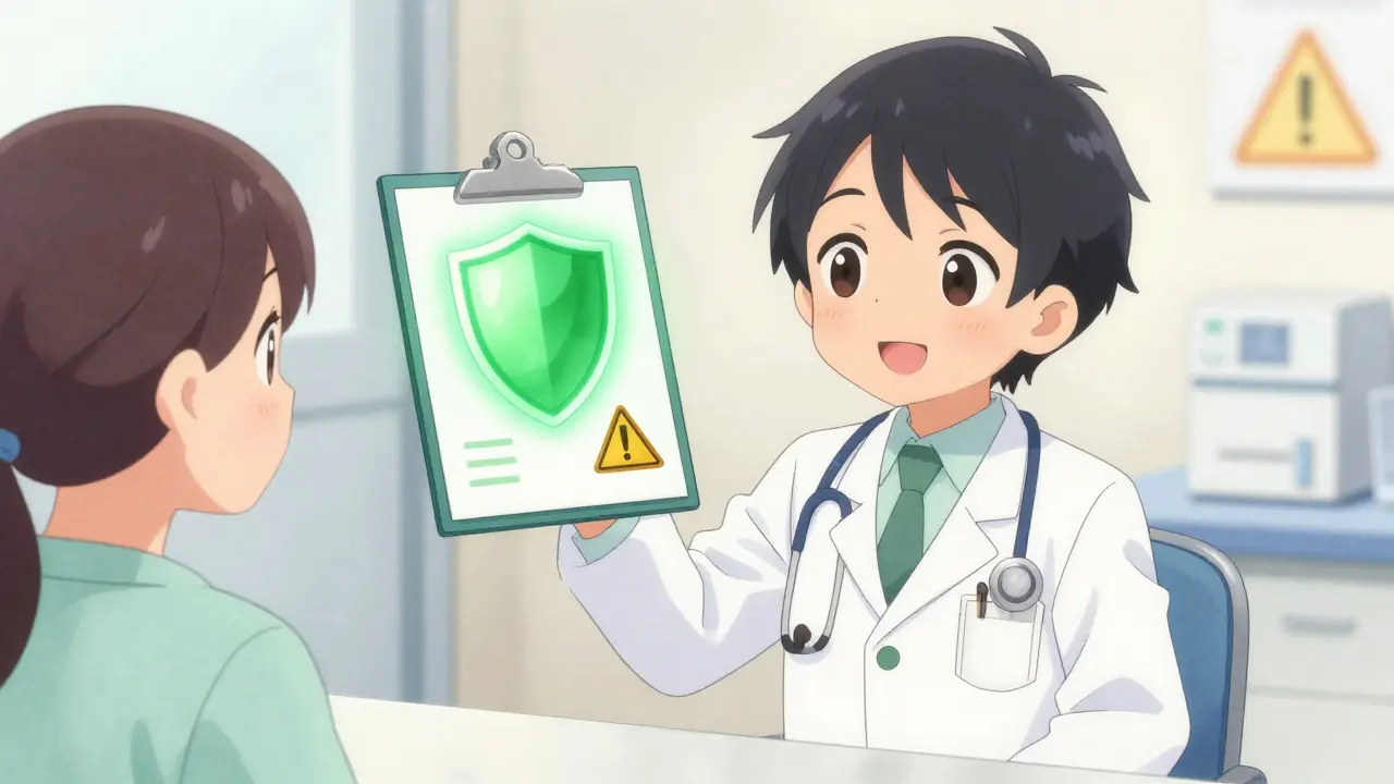 Cartoon doctor showing patient safe medication shields in bright clinic.