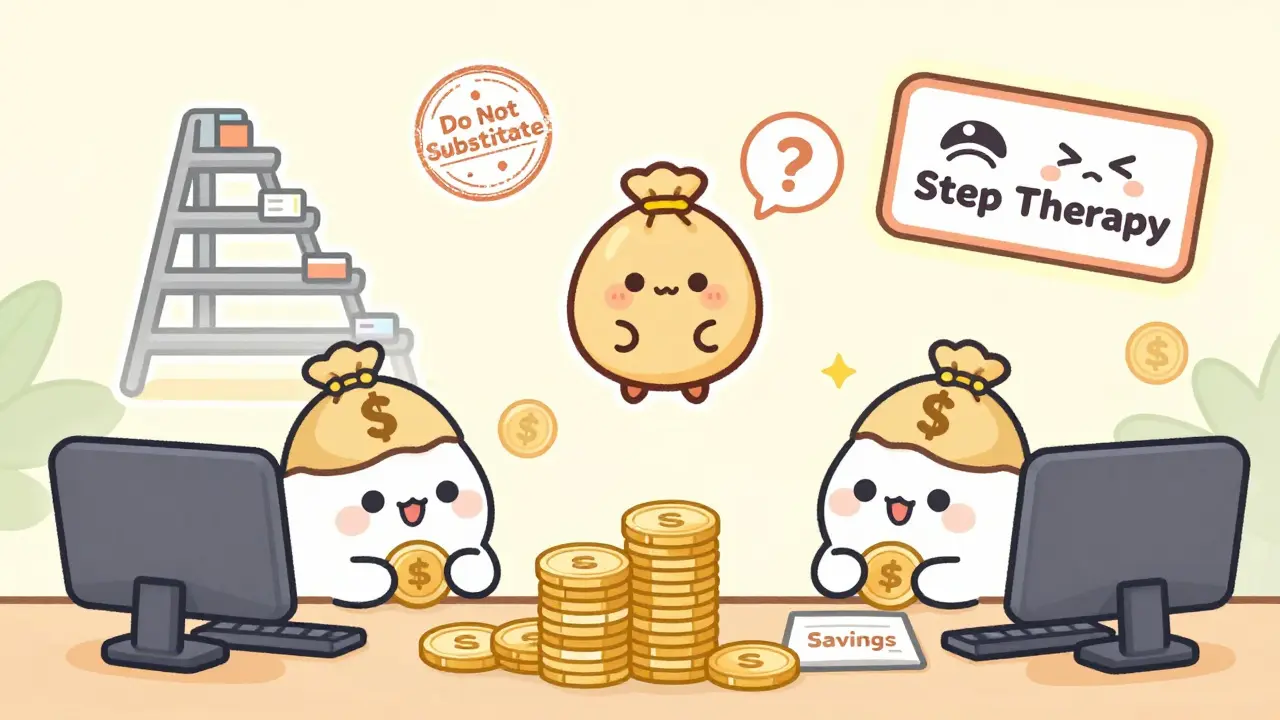 Cartoon PBMs stack savings coins while a patient floats above formulary icons in a whimsical office.