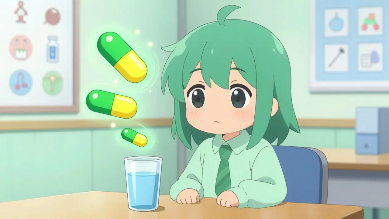 Cute anime girl surrounded by floating medicine capsules for nerve pain