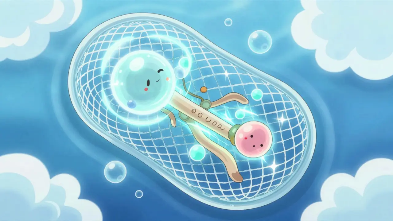 Glowing filter mesh with leaking protein bubbles