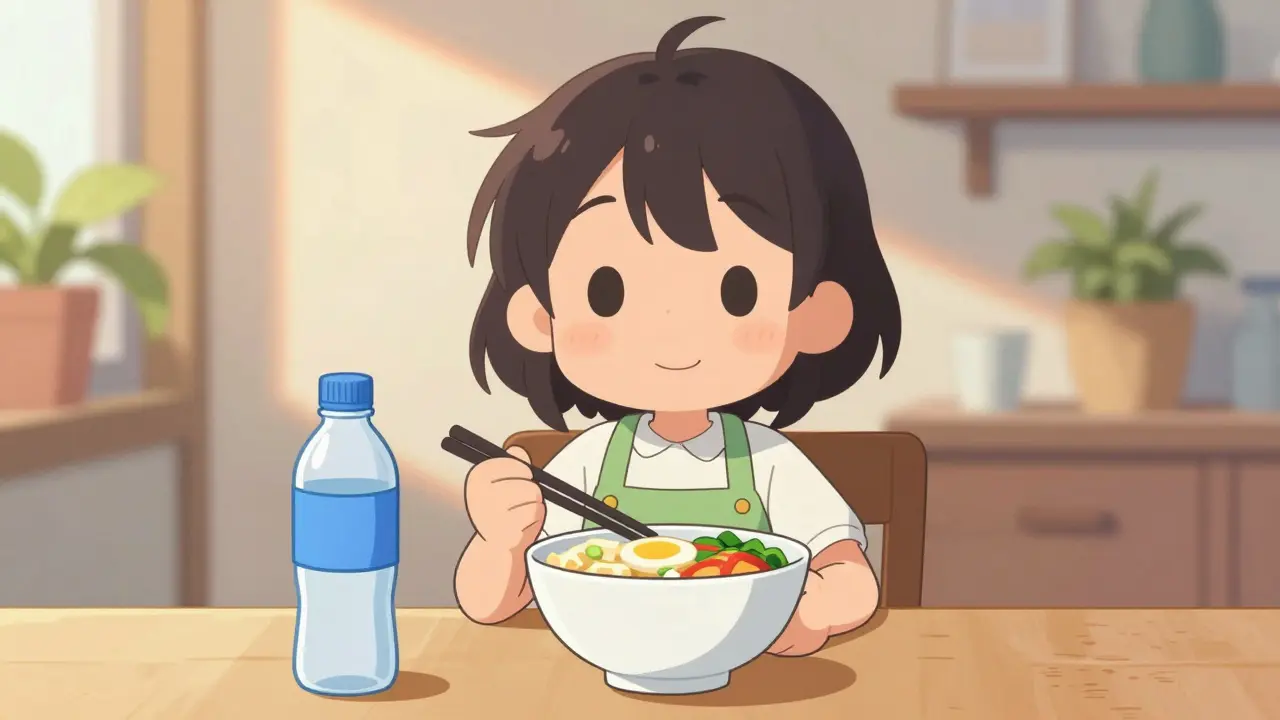 Happy person eating healthy meal and drinking water