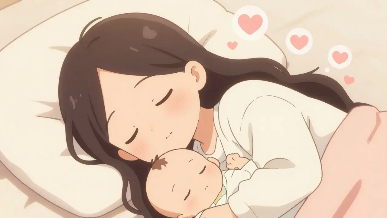 Mother and baby sleeping peacefully together in soft warm sunlight.