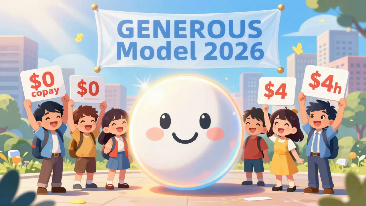 People hold low-cost price tags as a smiling generic pill glows, with a 'GENEROUS Model 2026' banner above.