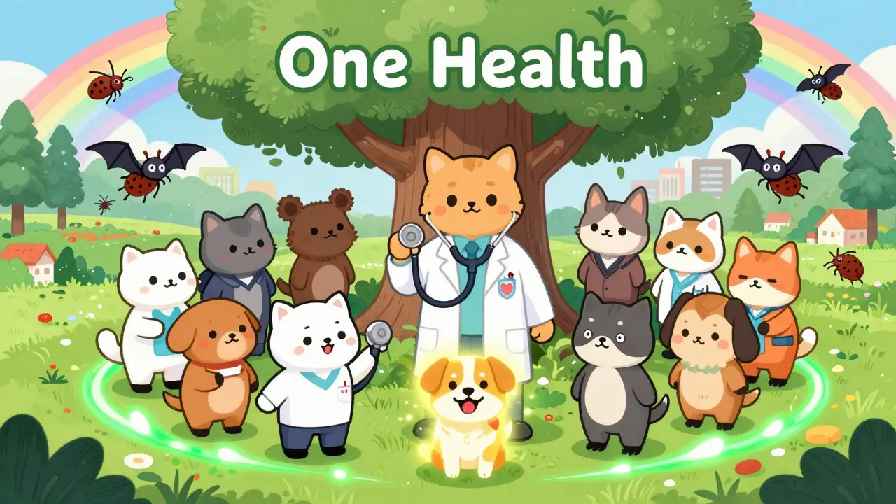 Veterinarian and health workers united around a tree labeled 'One Health' with friendly animals.