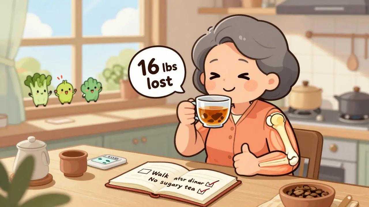 Woman in kitchen celebrating weight loss with a checklist, cartoon hip joint smiling, and healthy habits shown as cute icons.