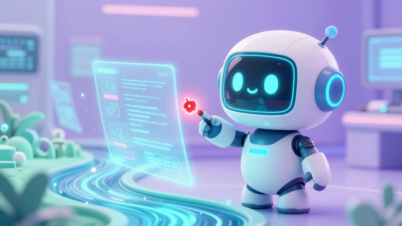 Adorable AI robot scanning glowing data streams to detect drug safety signals.
