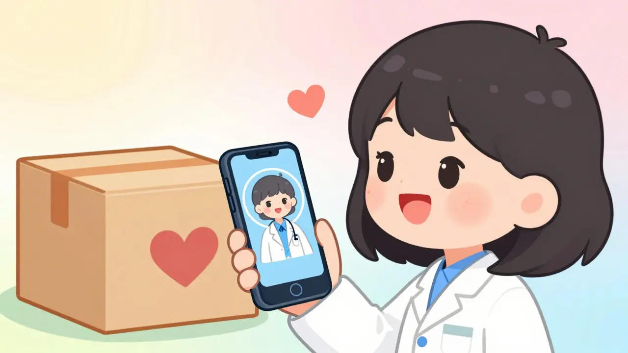 Anime character having a friendly telehealth consultation on a smartphone for medication