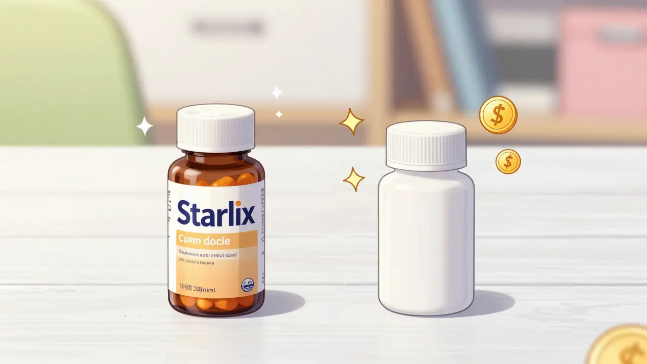 Comparison of brand name and generic medication bottles in kawaii anime style