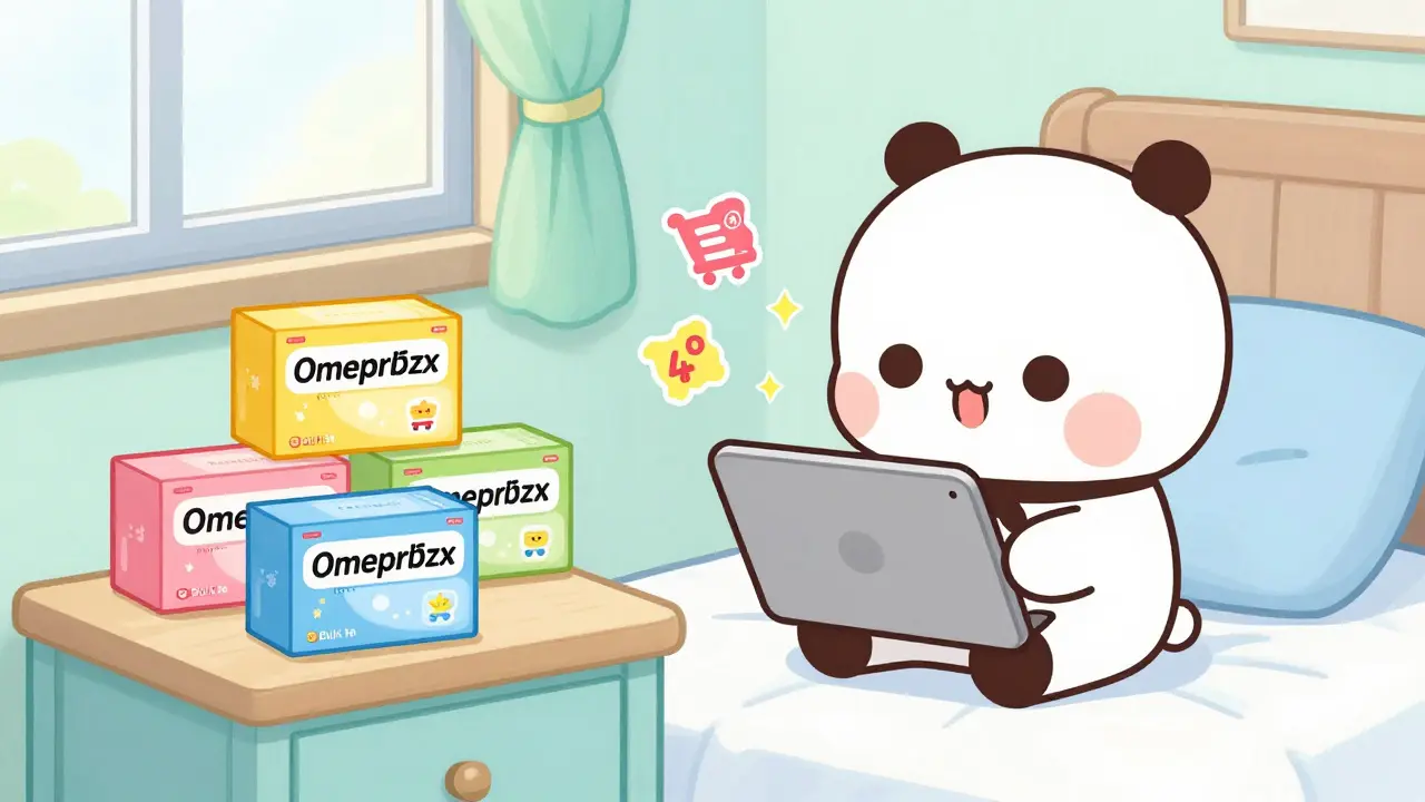 Cute anime character shopping for bulk generic medicine on a tablet in a cozy room.